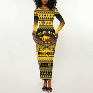 Afro Christmas Buffalo Soldiers Long Sleeve Bodycon Dress 10th Cavalry Regiment - African Pride