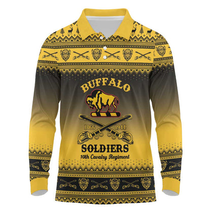 Afro Christmas Buffalo Soldiers Long Sleeve Polo Shirt 10th Cavalry Regiment - African Pride