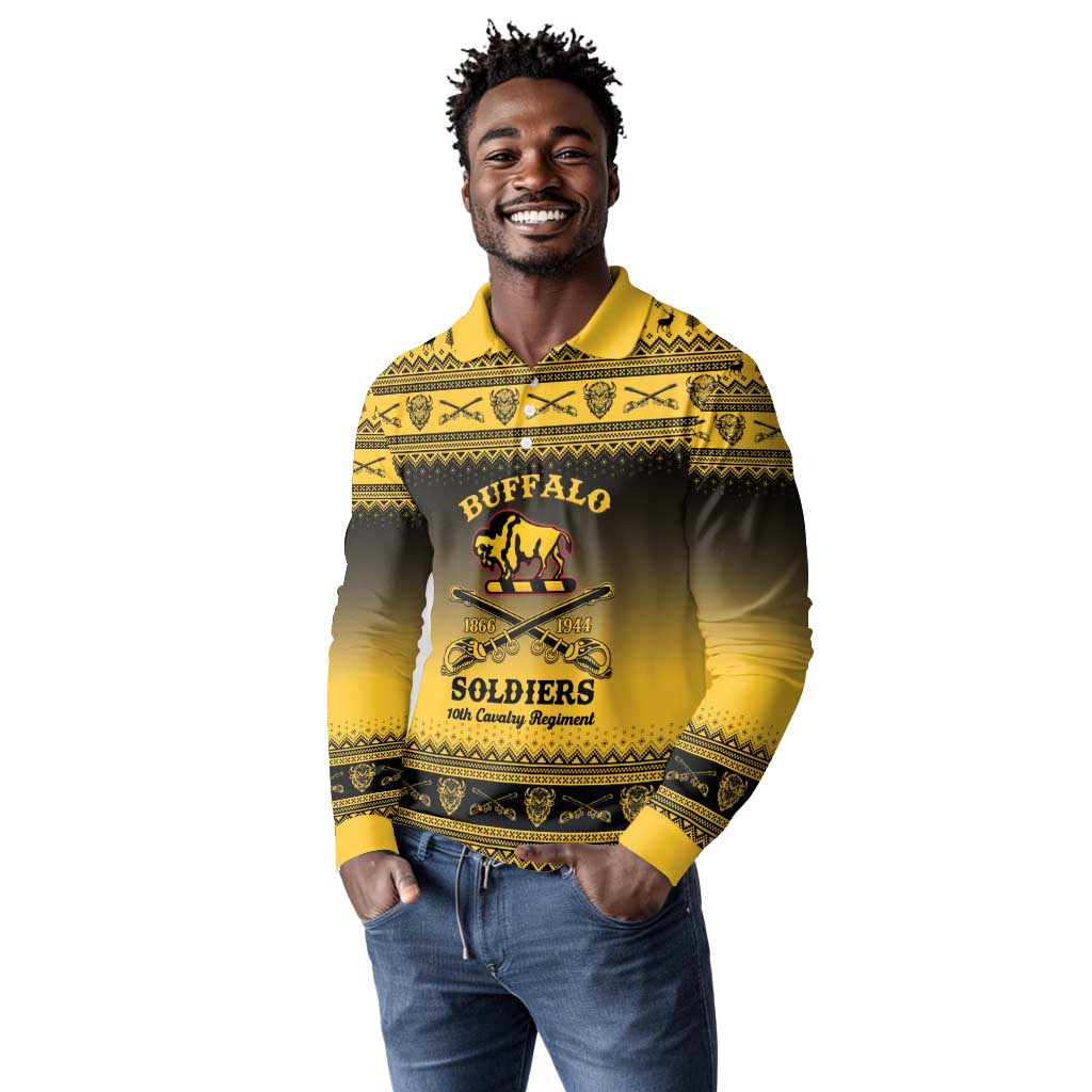 Afro Christmas Buffalo Soldiers Long Sleeve Polo Shirt 10th Cavalry Regiment - African Pride