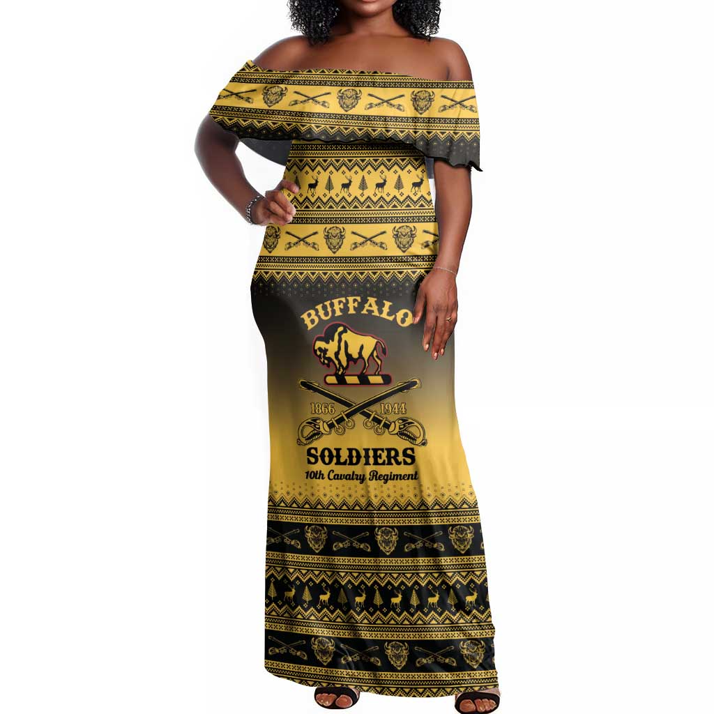 Afro Christmas Buffalo Soldiers Off Shoulder Maxi Dress 10th Cavalry Regiment - African Pride