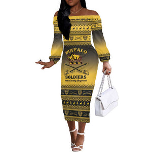Afro Christmas Buffalo Soldiers Off The Shoulder Long Sleeve Dress 10th Cavalry Regiment - African Pride