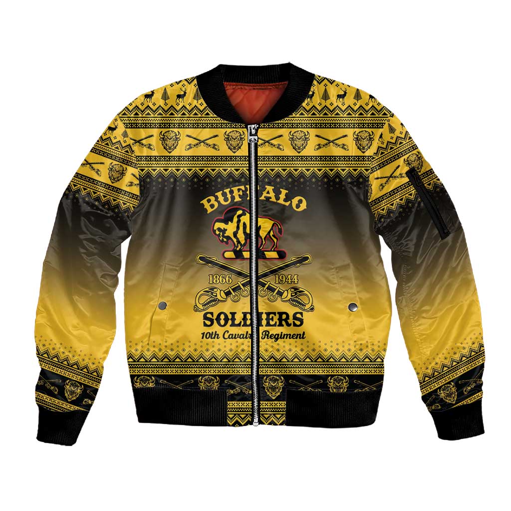 Afro Christmas Buffalo Soldiers Sleeve Zip Bomber Jacket 10th Cavalry Regiment - African Pride