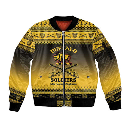 Afro Christmas Buffalo Soldiers Sleeve Zip Bomber Jacket 10th Cavalry Regiment - African Pride