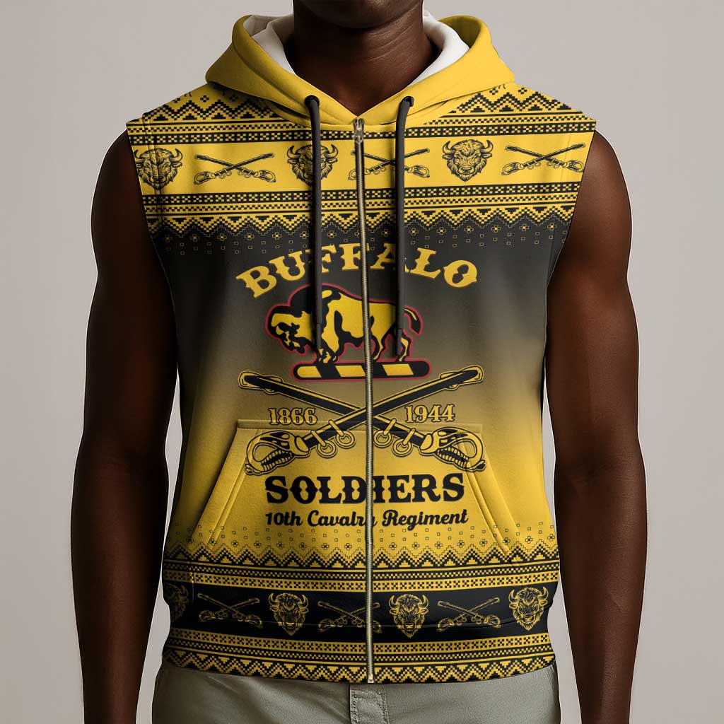 Afro Christmas Buffalo Soldiers Sleeveless Zip Hoodie 10th Cavalry Regiment - African Pride