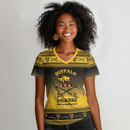 Afro Christmas Buffalo Soldiers Women V-Neck T-Shirt 10th Cavalry Regiment - African Pride