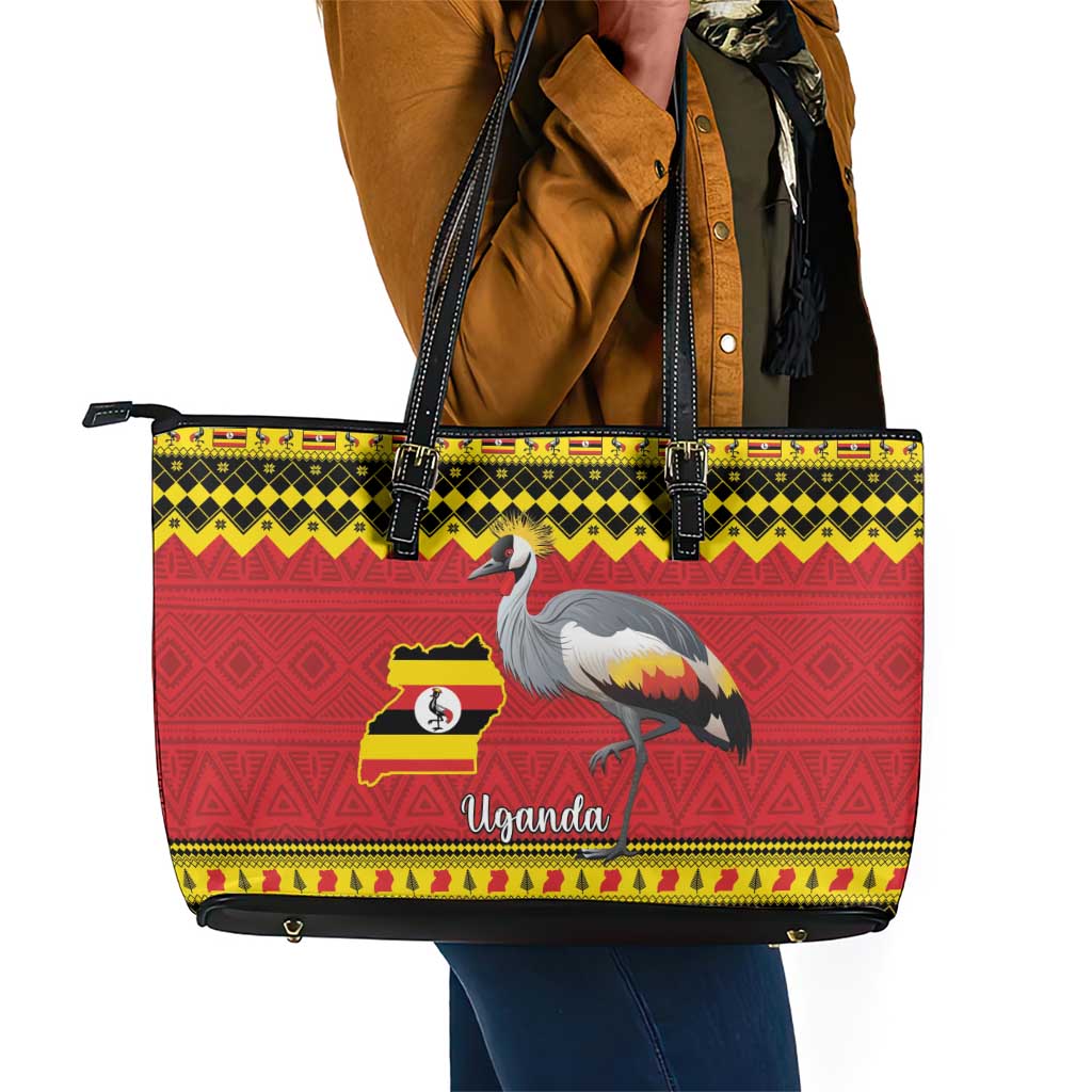 Afro Uganda Christmas Leather Tote Bag Grey Crowned Crane Sekukkulu Ennugi