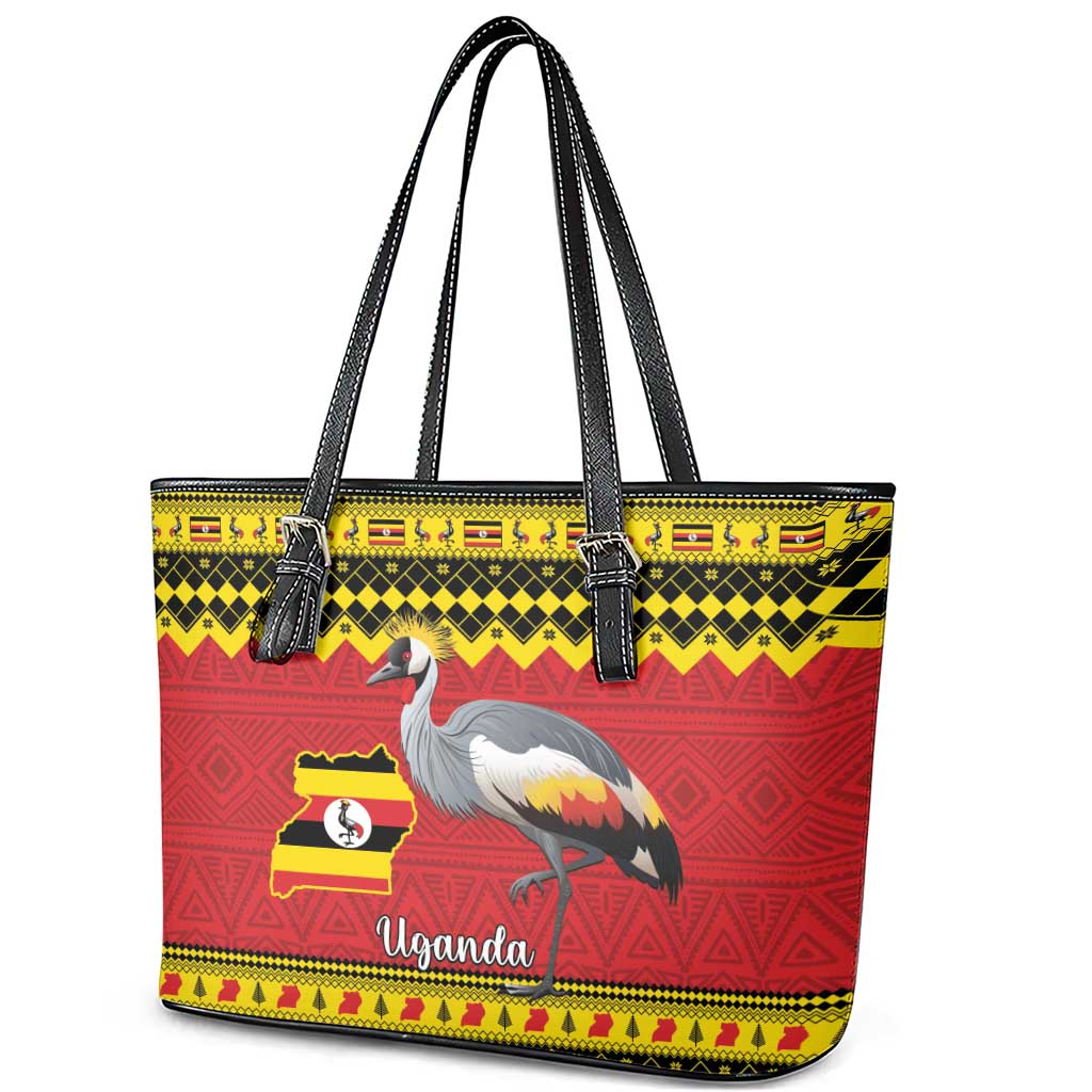 Afro Uganda Christmas Leather Tote Bag Grey Crowned Crane Sekukkulu Ennugi
