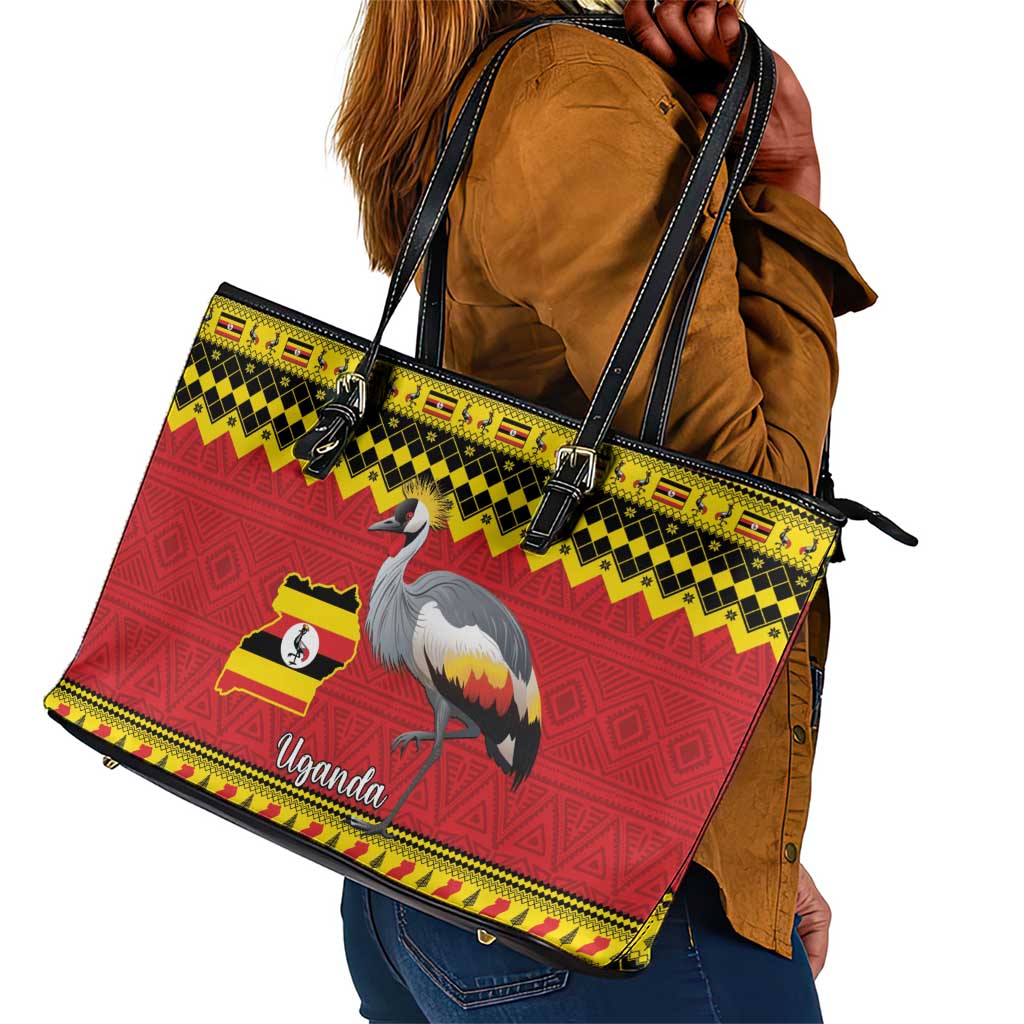 Afro Uganda Christmas Leather Tote Bag Grey Crowned Crane Sekukkulu Ennugi