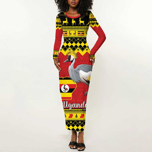 Afro Uganda Christmas Long Sleeve Bodycon Dress Grey Crowned Crane Sekukkulu Ennugi LT15