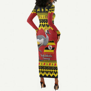 Afro Uganda Christmas Long Sleeve Bodycon Dress Grey Crowned Crane Sekukkulu Ennugi LT15