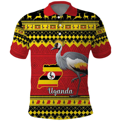 Afro Uganda Christmas Polo Shirt Grey Crowned Crane Sekukkulu Ennugi