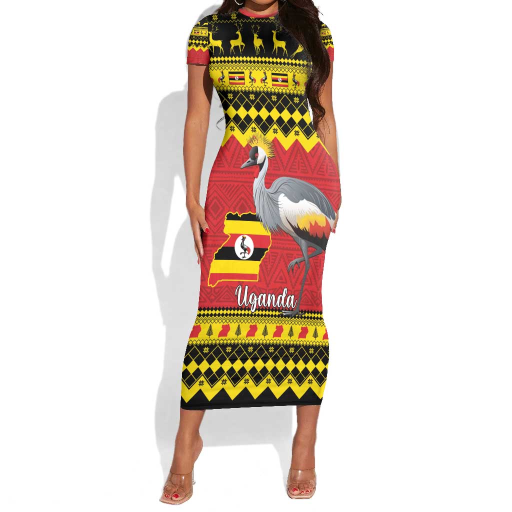 Afro Uganda Christmas Short Sleeve Bodycon Dress Grey Crowned Crane Sekukkulu Ennugi LT15