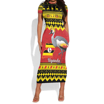 Afro Uganda Christmas Short Sleeve Bodycon Dress Grey Crowned Crane Sekukkulu Ennugi LT15
