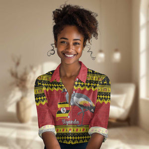 Afro Uganda Christmas Women Casual Shirt Grey Crowned Crane Sekukkulu Ennugi LT15