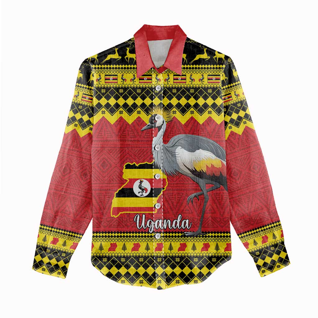 Afro Uganda Christmas Women Casual Shirt Grey Crowned Crane Sekukkulu Ennugi LT15