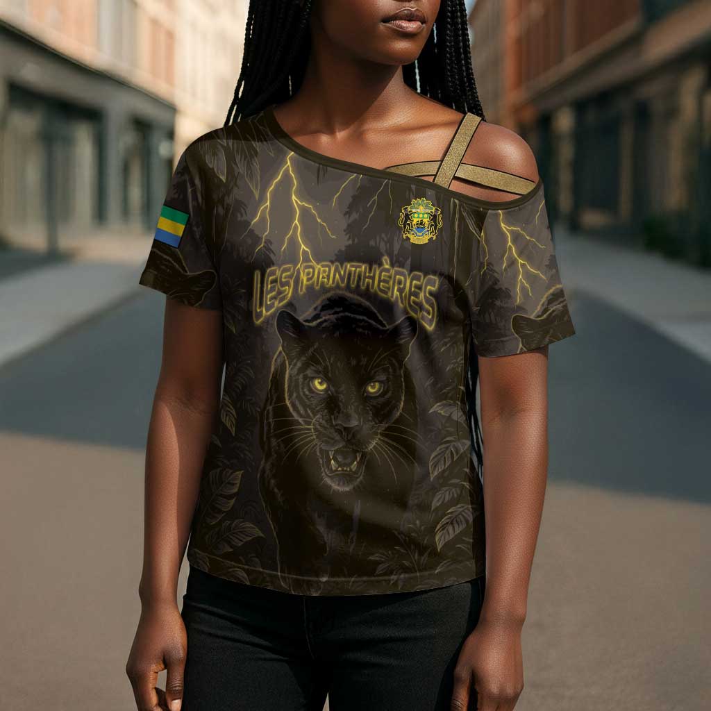 Custom Gabon Football Cross Shoulder Shirt Black Panther Thunder - African Pride