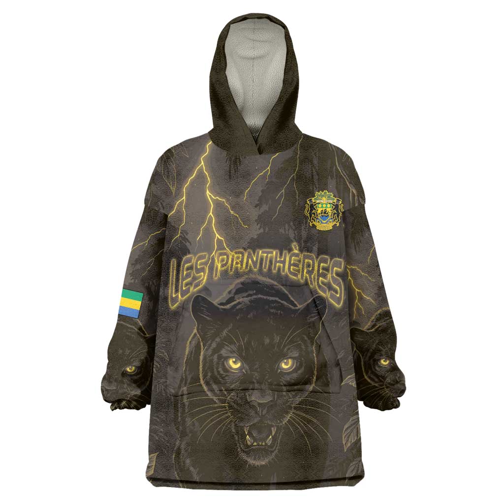 Custom Gabon Football Kid Wearable Blanket Hoodie Black Panther Thunder - African Pride
