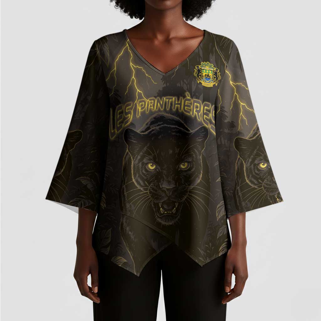 Custom Gabon Football Kimono Sleeve Blouse Black Panther Thunder - African Pride