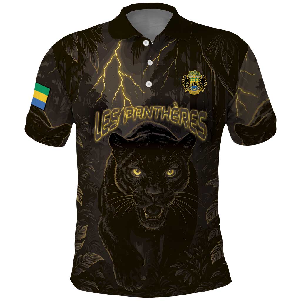 Custom Gabon Football Polo Shirt Black Panther Thunder - African Pride