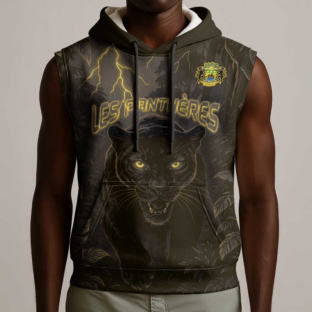 Custom Gabon Football Sleeveless Hoodie Black Panther Thunder - African Pride
