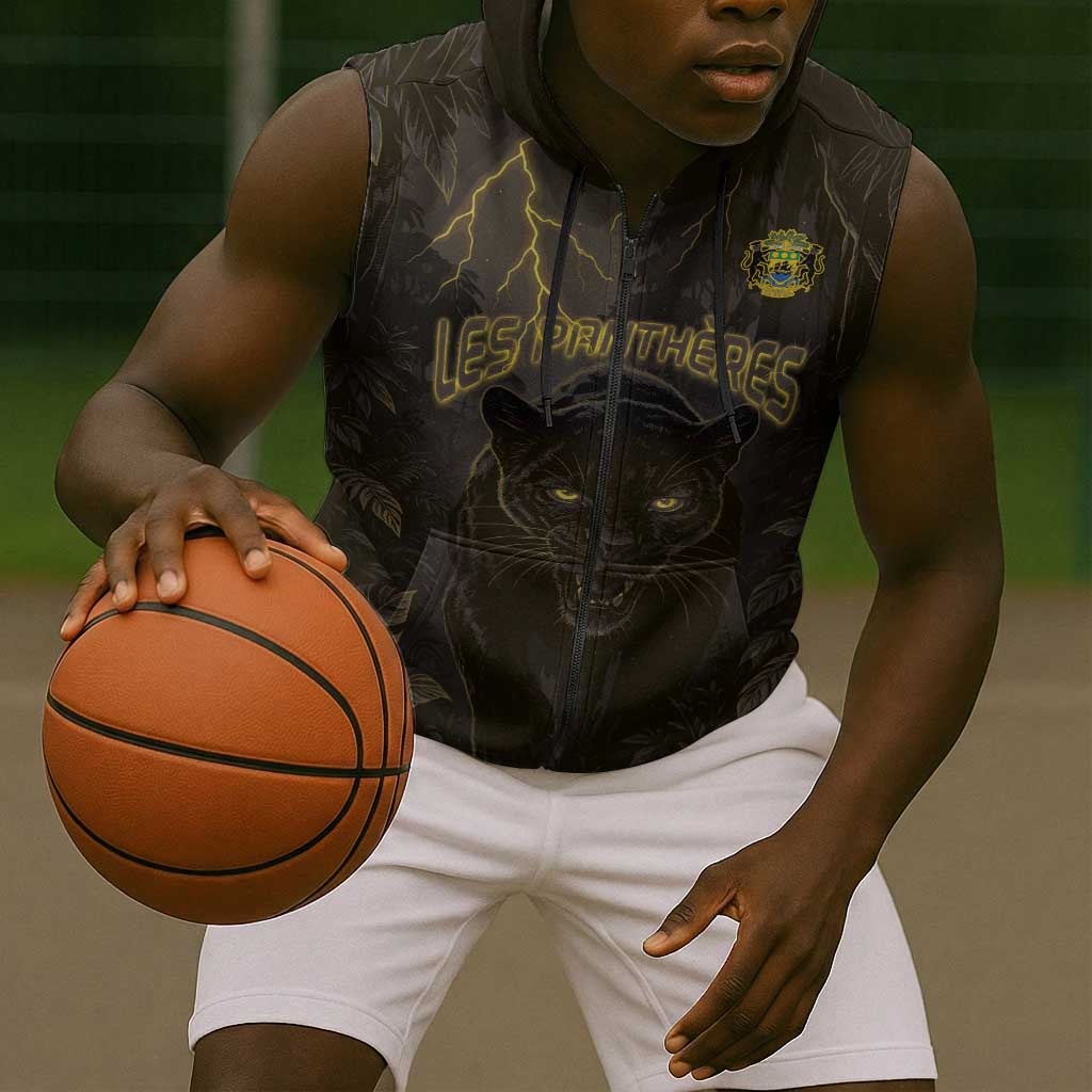 Custom Gabon Football Sleeveless Zip Hoodie Black Panther Thunder - African Pride