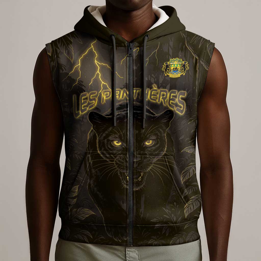 Custom Gabon Football Sleeveless Zip Hoodie Black Panther Thunder - African Pride