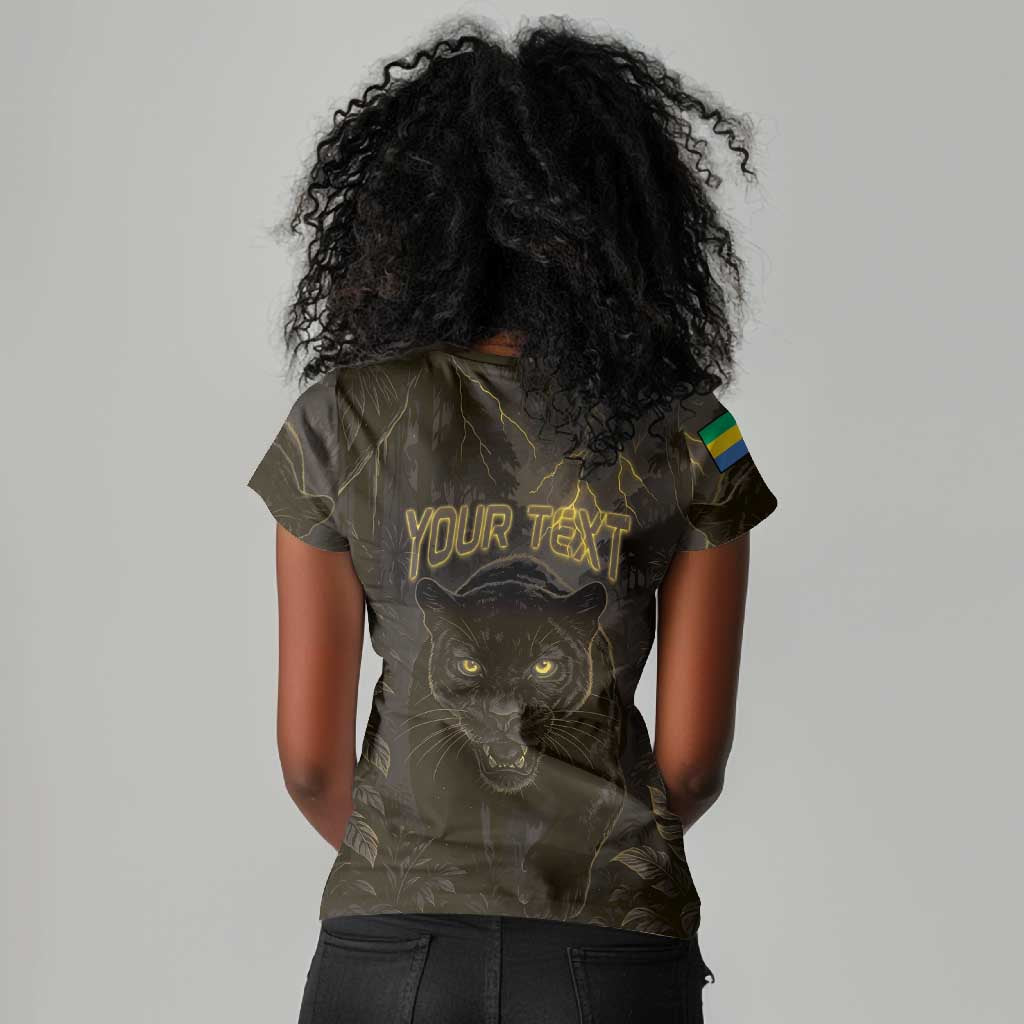 Custom Gabon Football Women V-Neck T-Shirt Black Panther Thunder - African Pride