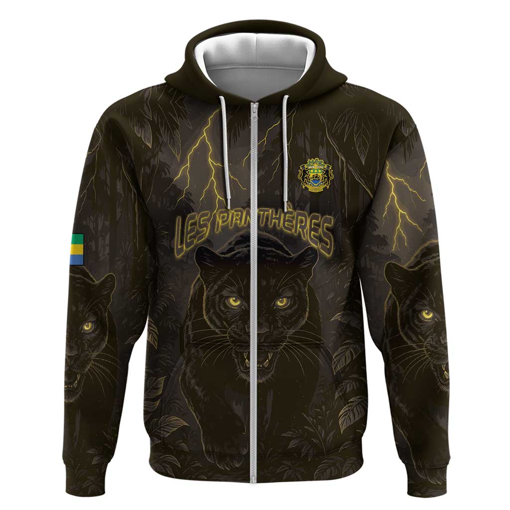 Custom Gabon Football Zip Hoodie Black Panther Thunder - African Pride
