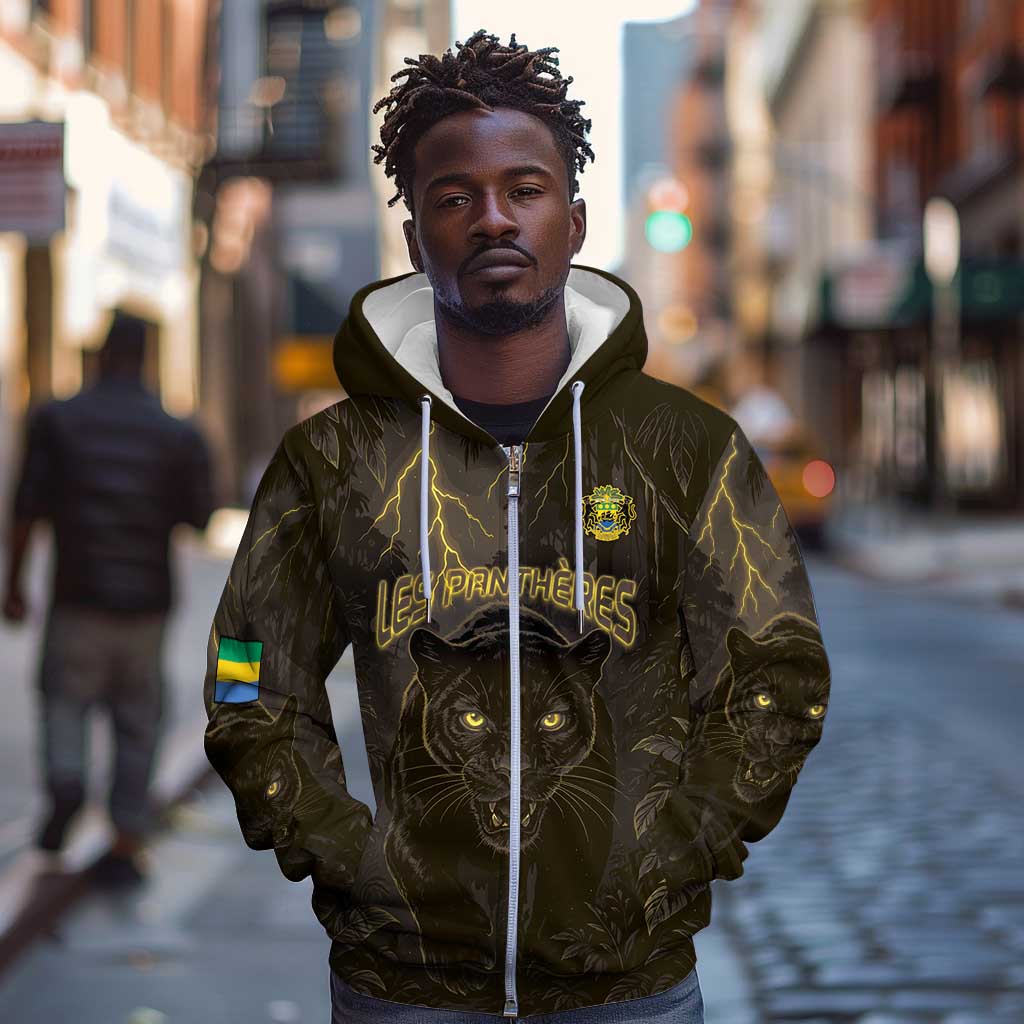 Custom Gabon Football Zip Hoodie Black Panther Thunder - African Pride