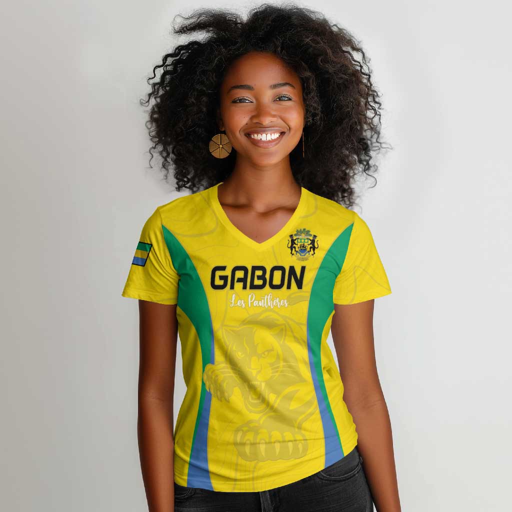 Custom Gabon Football Women V-Neck T-Shirt Go Champions Les Pantheres - African Pride