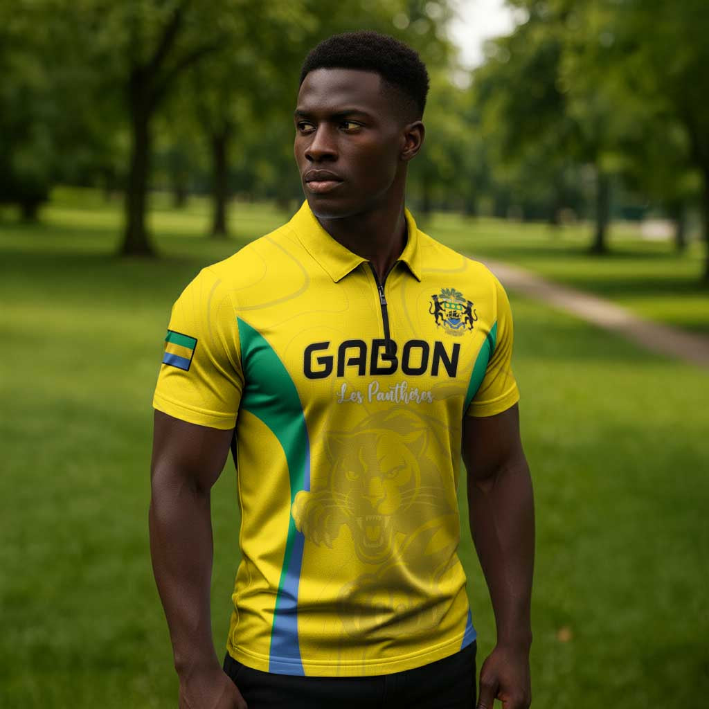 Custom Gabon Football Zipper Polo Shirt Go Champions Les Pantheres - African Pride
