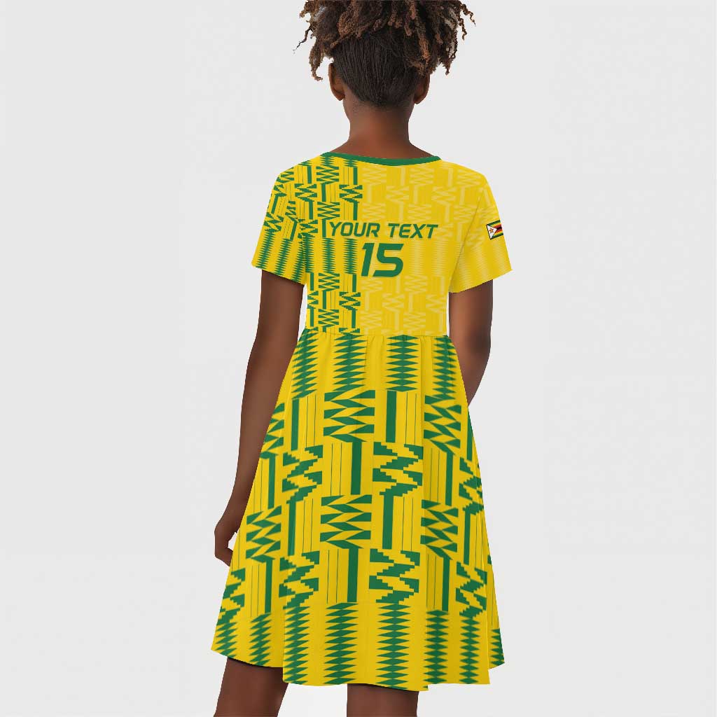 Custom Zimbabwe Football Kid Short Sleeve Dress Come On Warriors - Kente Pattern - African Pride