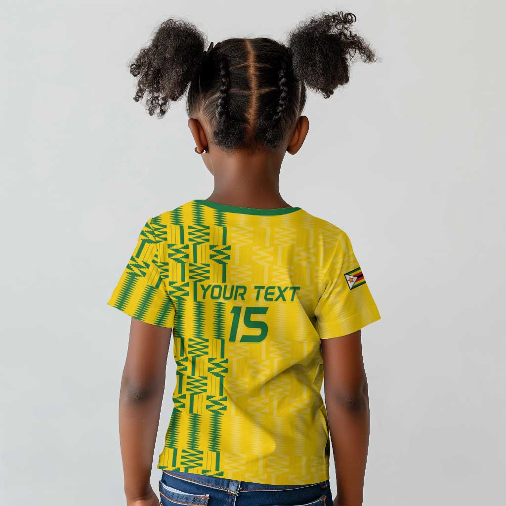 Custom Zimbabwe Football Kid T shirt Come On Warriors - Kente Pattern - African Pride