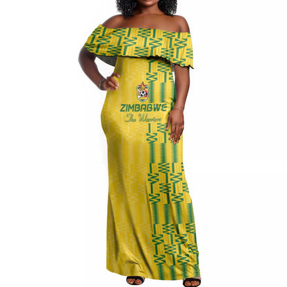 Custom Zimbabwe Football Off Shoulder Maxi Dress Come On Warriors - Kente Pattern - African Pride