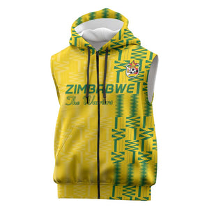 Custom Zimbabwe Football Sleeveless Zip Hoodie Come On Warriors - Kente Pattern - African Pride