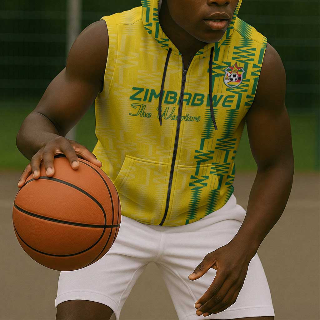 Custom Zimbabwe Football Sleeveless Zip Hoodie Come On Warriors - Kente Pattern - African Pride