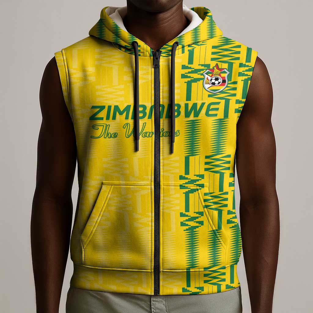 Custom Zimbabwe Football Sleeveless Zip Hoodie Come On Warriors - Kente Pattern - African Pride