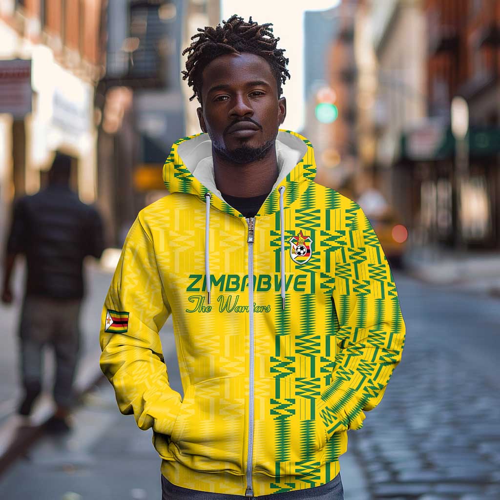 Custom Zimbabwe Football Zip Hoodie Come On Warriors - Kente Pattern - African Pride