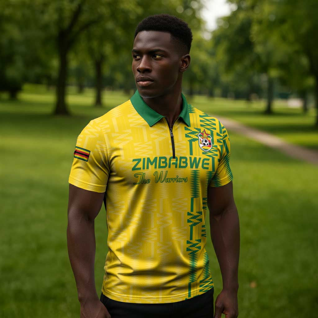 Custom Zimbabwe Football Zipper Polo Shirt Come On Warriors - Kente Pattern - African Pride