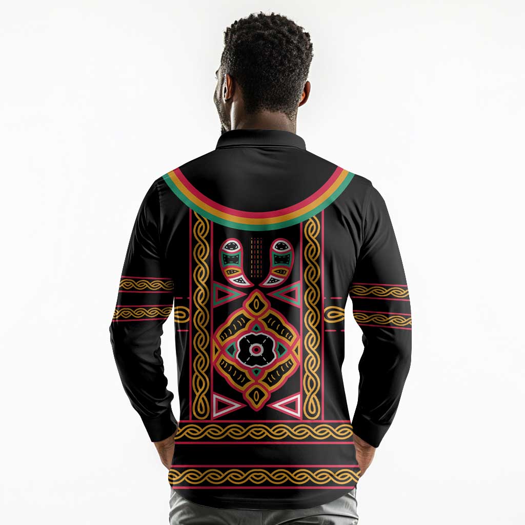 Cameroon Bamenda Long Sleeve Polo Shirt Toghu Traditional Pattern