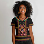 Cameroon Bamenda Women V-Neck T-Shirt Toghu Traditional Pattern