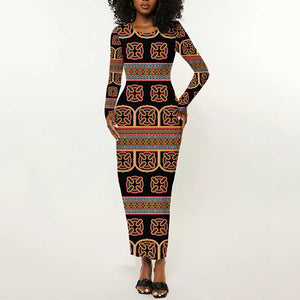 Bamenda Toghu Long Sleeve Bodycon Dress Cameroon Traditional Pattern