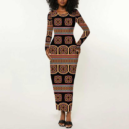 Bamenda Toghu Long Sleeve Bodycon Dress Cameroon Traditional Pattern