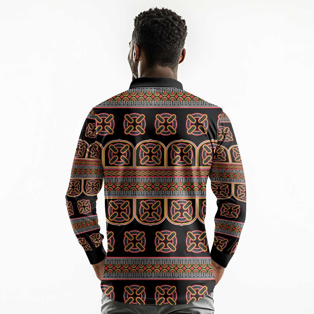 Bamenda Toghu Long Sleeve Polo Shirt Cameroon Traditional Pattern