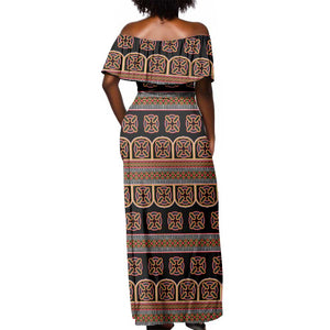 Bamenda Toghu Off Shoulder Maxi Dress Cameroon Traditional Pattern