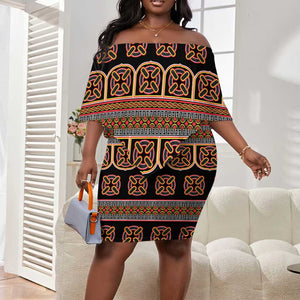 Bamenda Toghu Off Shoulder Short Dress Cameroon Traditional Pattern
