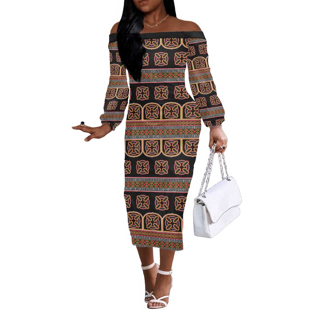 Bamenda Toghu Off The Shoulder Long Sleeve Dress Cameroon Traditional Pattern