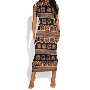 Bamenda Toghu Short Sleeve Bodycon Dress Cameroon Traditional Pattern