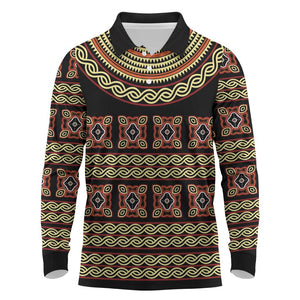 Cameroon Traditional Pattern Long Sleeve Polo Shirt Bamenda Royal Toghu