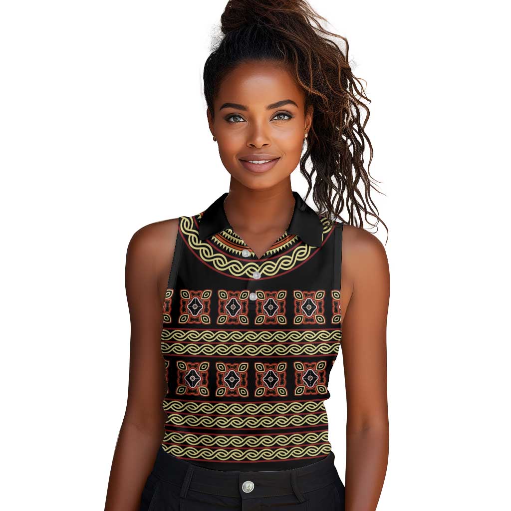 Cameroon Traditional Pattern Women Sleeveless Polo Shirt Bamenda Royal Toghu